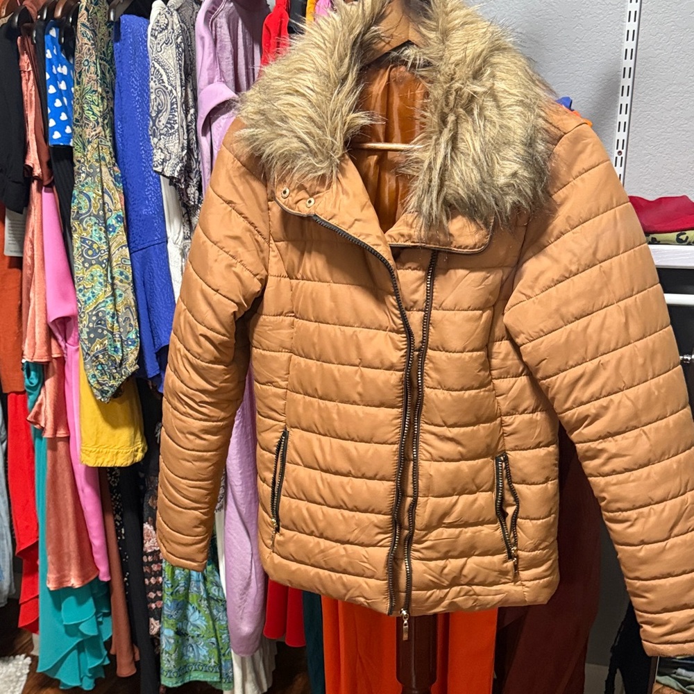 Not Rated Camel Puffer Jacket with Faux Fur Collar